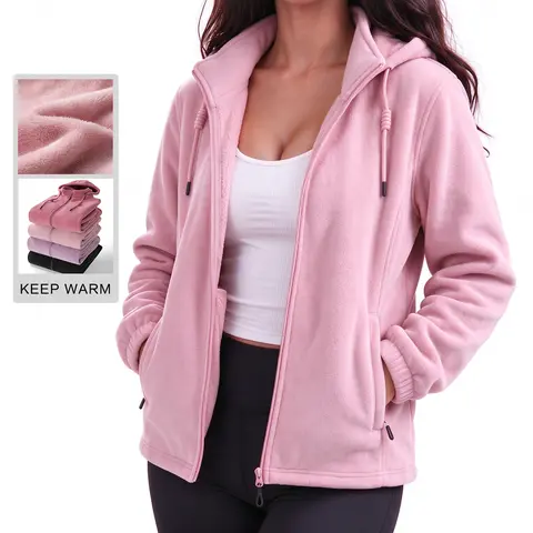 Women’s full-zip hooded polar fleece jacket with a thick fleece lining for warmth, featuring a drawstring hood and side pockets—casual outerwear for autumn and winter.