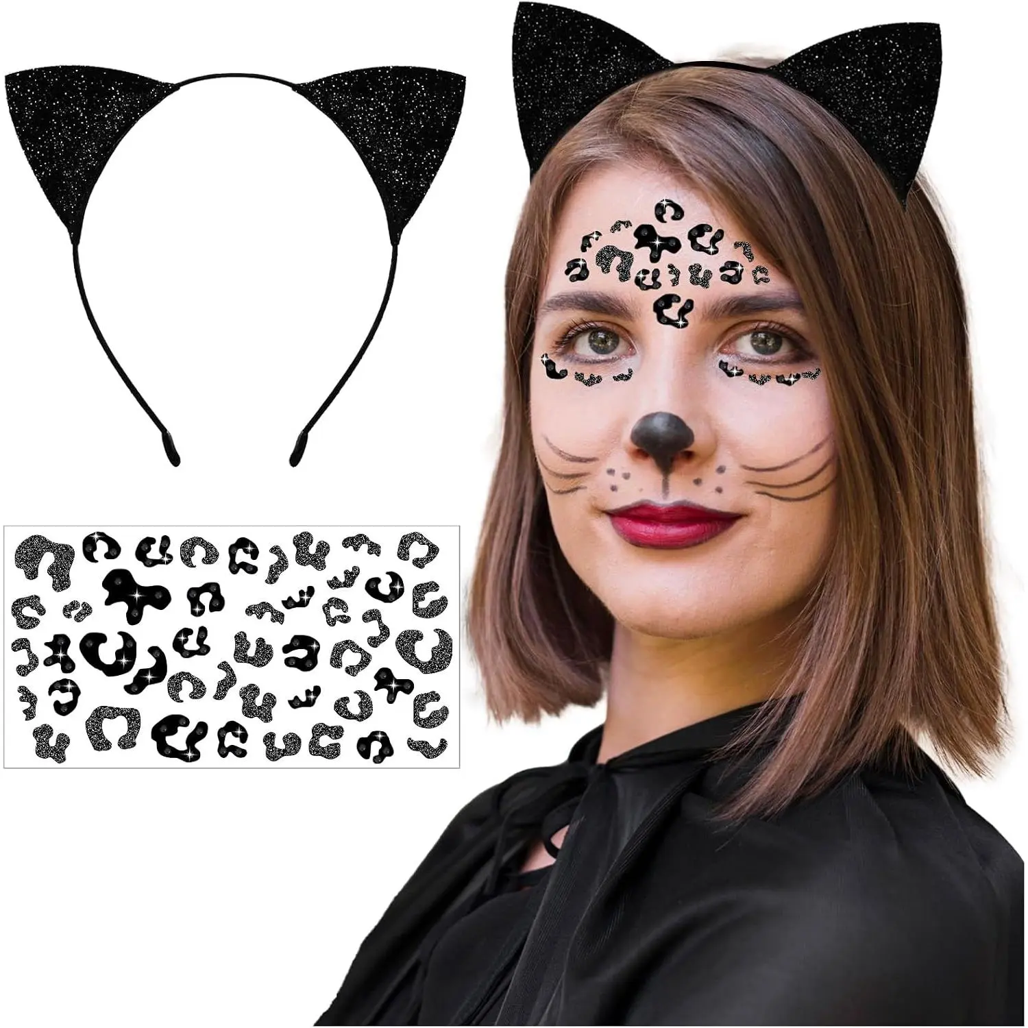 Black  Ears Headband with   Makeup Jewels Stickers Furry  Woman Ears Halloween Leopard Print   Stickers  Costume Accessories for Women Adult(cheetah2)