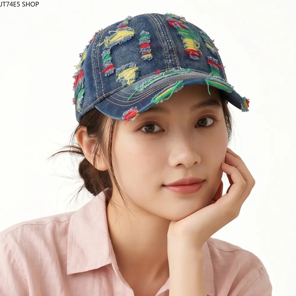 Denim Ripped Baseball Cap with Colorful Stitching, Unisex Retro Streetwear Sun Hat, Breathable Summer Outdoor Visor Cap