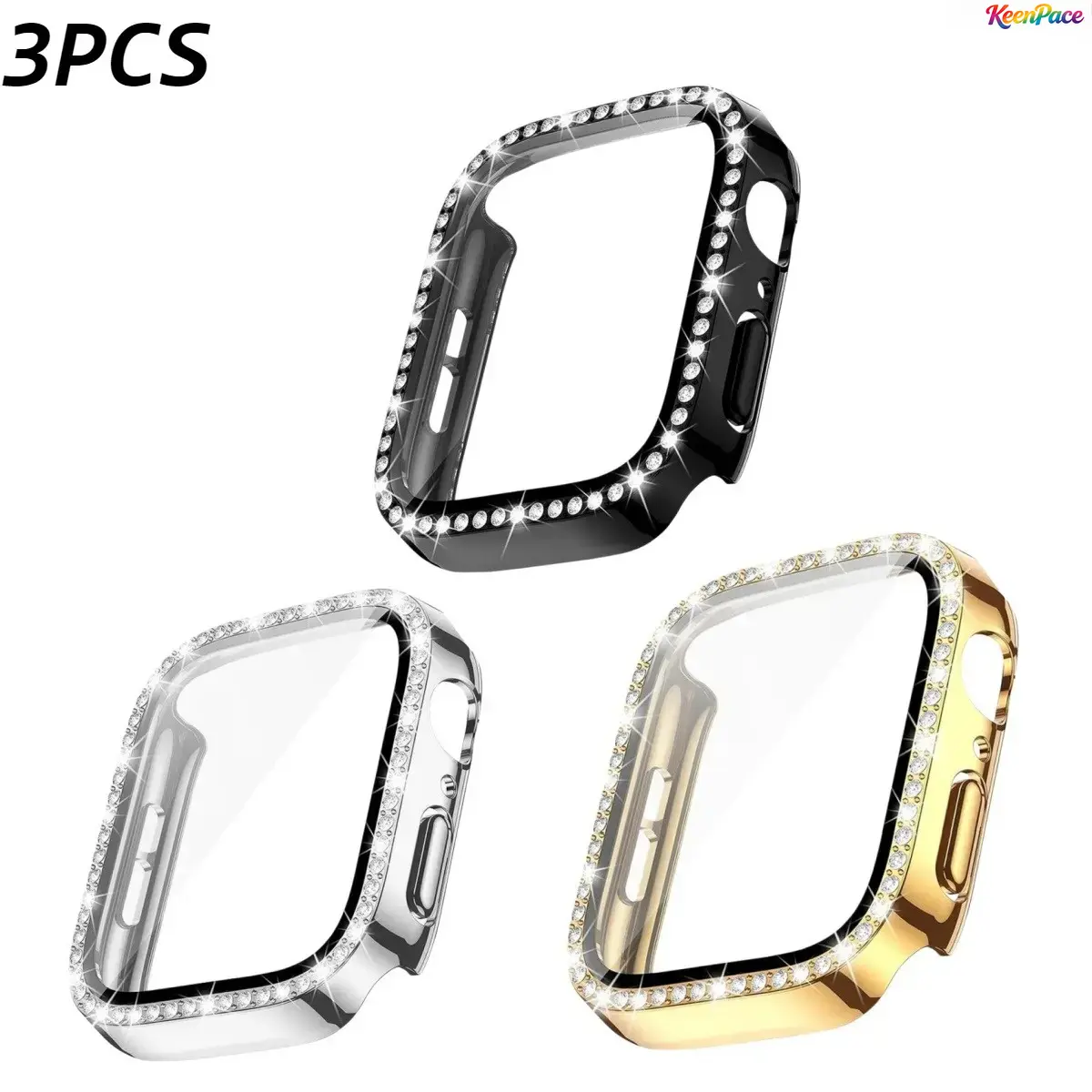 3PCS Single Row Bling Rhinestone Inlaid Hard PC Case With Built-In Tempered Glass,2-In-1 All-In-One Shockproof Protective Bumper Cover, Fully Compatible With Apple Watch Series 1-11, SE & Ultra (Watch Not Included), Sparkly Luxury Daily Smartwatch Protect