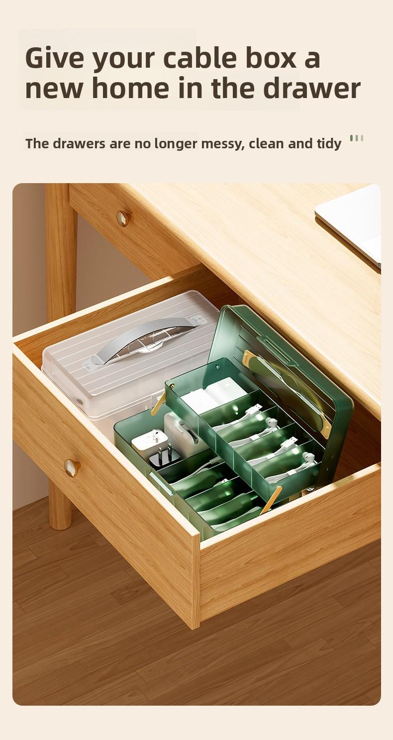 Data cable storage box with compartments, cable organizer, mobile phone charging cable desktop drawer, dustproof flip-top storage box
