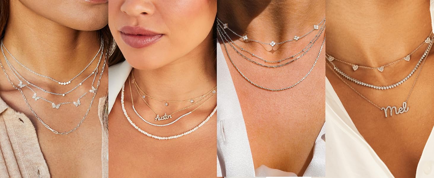 Dainty Silver Gold Necklaces for Women Trendy Non Tarnish 14K Gold Plated Cubic Zirconia Necklace Layered Cute Butterfly Heart Station Choker Necklace Stack for Wedding Prom Brides Jewelry
