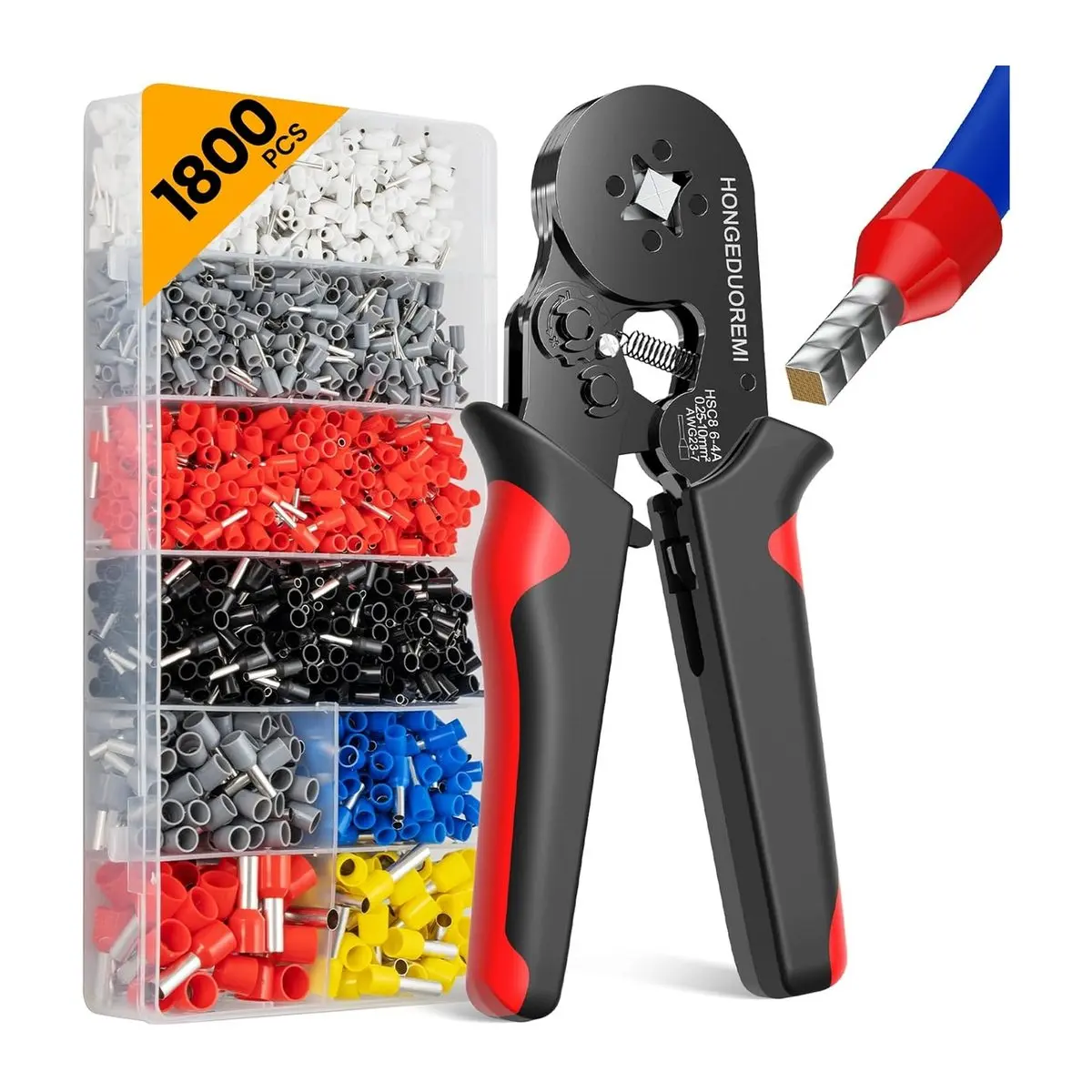 Ferrule Crimping Tool Kit, 1800 Pcs Ferrules, Self-adjustable AWG23-7 Gauge, 4 Corner Crimper, Ratchet Pliers for Audio, Car, DIY