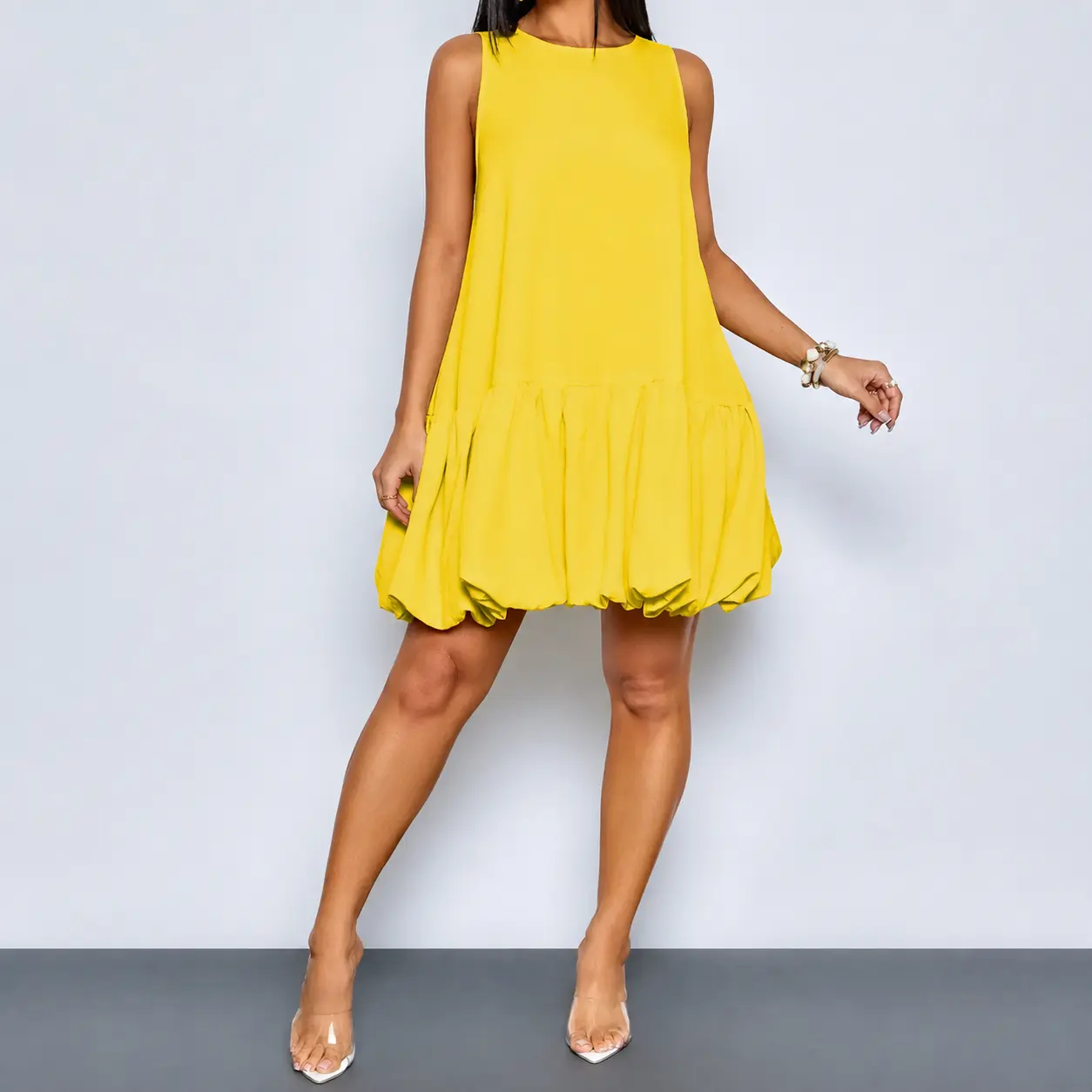 Elegant Chic Round Neck Bubble Hem Tank Dress, Stylish Dress for Women, Summer Wear for Parties
