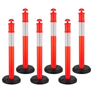 VEVOR 6-Pack Rubber Traffic Delineator Posts, 48in Heavy Duty Posts with 360° Reflective Strips, 7.65kg Fillable Detachable Base for Commercial Parking Spaces, Construction Site