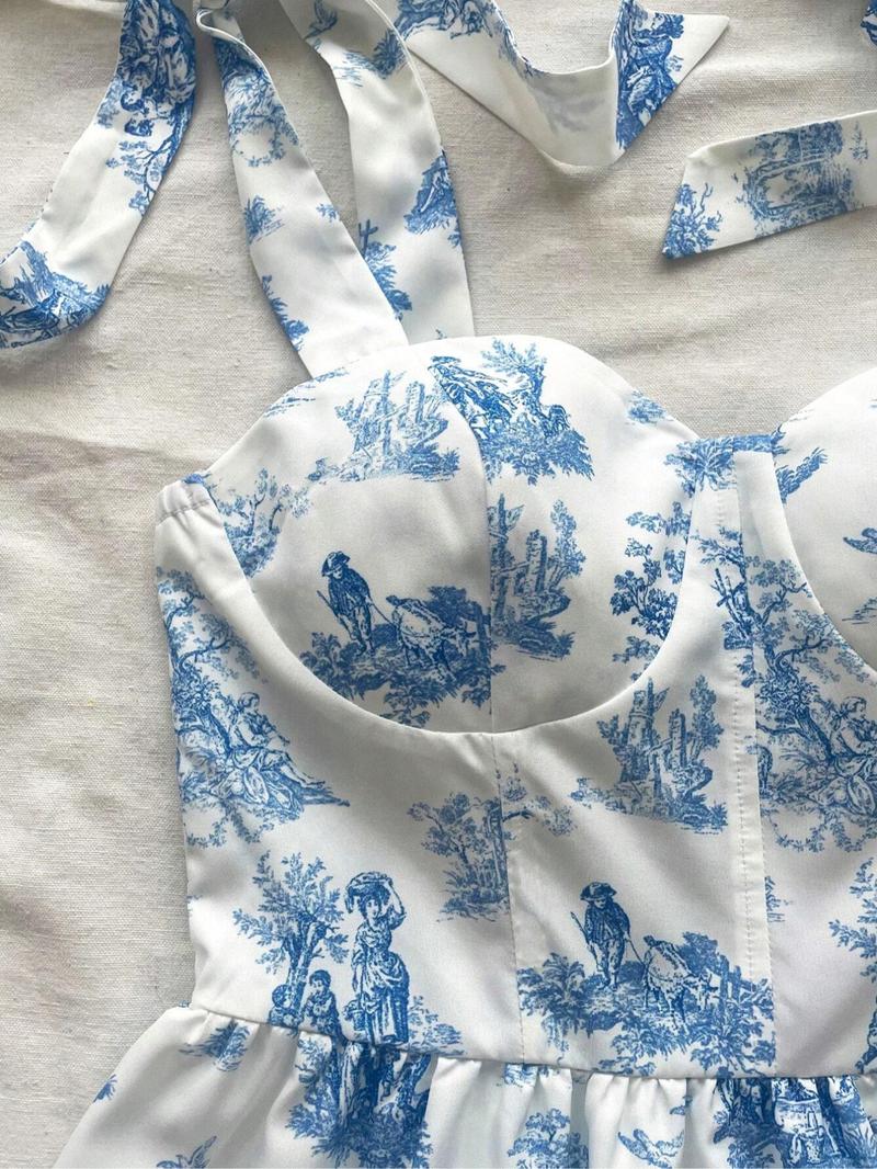 Women's Ditsy Floral Print Tie Shoulder Cami Dress, Elegant Casual Ruffle Trim Sleeveless A Line Dress for Summer, Ladies Clothes for Beach Holiday, Boho Sleeveless Dress