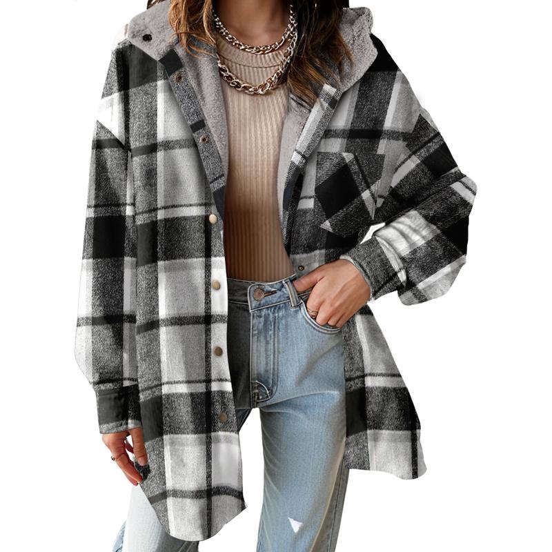 Women's Flannel Hooded Plaid Shacket - Button-Down Thick Fleece-Lined Fuzzy Winter Coat for Extreme Warmth