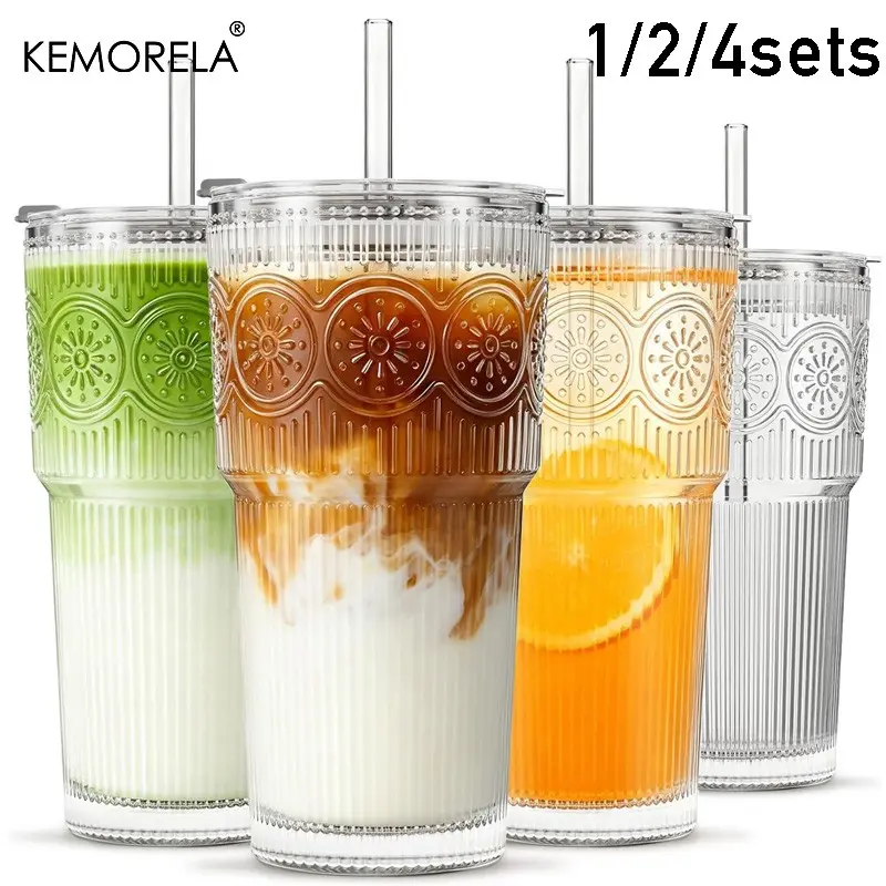 Kemorela 20oz Aesthetic Floral Glass Coffee Cup Drinking Tumbler Set, Reusable with Lid and Straw, Leak-Proof, Includes Cleaning Brush, Coffee Bar Accessories, Leakproof Straw Drinkware