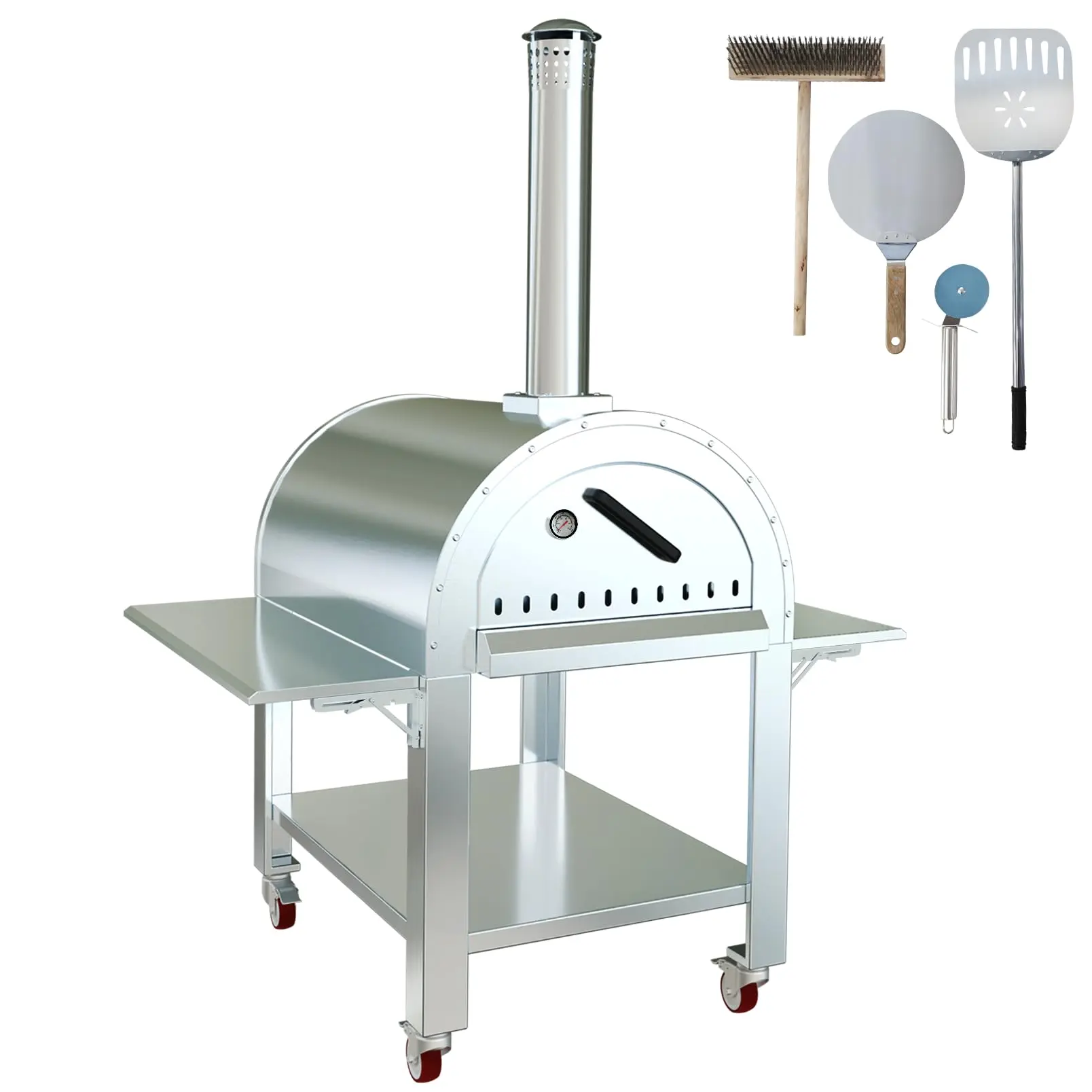 GARVEE Freestanding Pizza Oven, Wood Burning Pizza Maker with Pizza Peel, Portable Stainless Steel Charcoal Pizza Oven with Wheels for Backyard Parties, Camping (32" x 46" x 80")