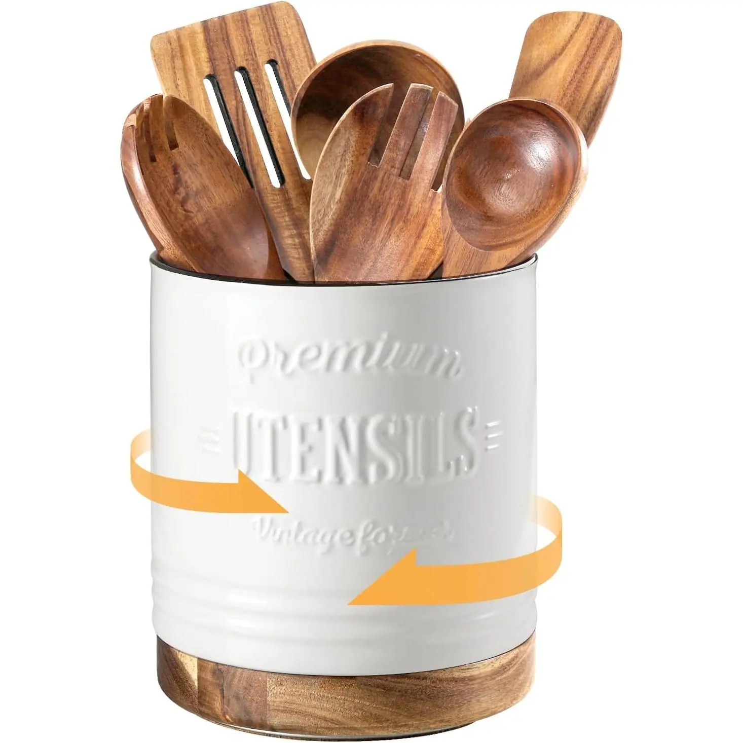 360° Rotating  Cooking Utensil Holder, 7.6" Kitchen Utensil Holder for Countertop, Utensil Crock for  Kitchen Decor, Ceramic  Utensil , White Text