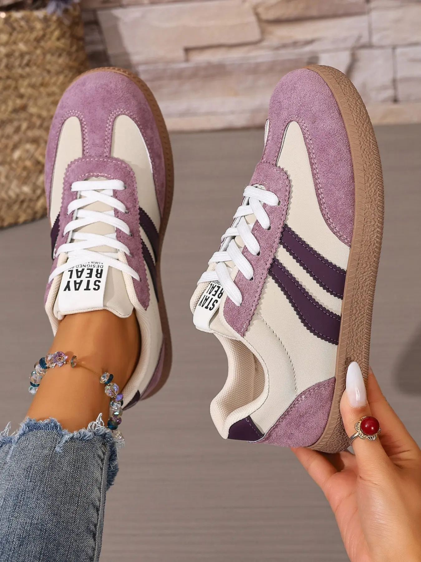 New Women's Patchwork Leather Sports Shoes, Casual Trendy Trainers, Rubber Sole Design, Ideal for Daily Wear, Perfect for Spring and Fall, Fashionable Footwear