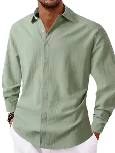 Men's Solid Color Wrinkle Texture Lapel Linen Long Sleeve Shirt, Loose Single Button Breathable Beach Vacation Commute Casual Polo Business Shirt