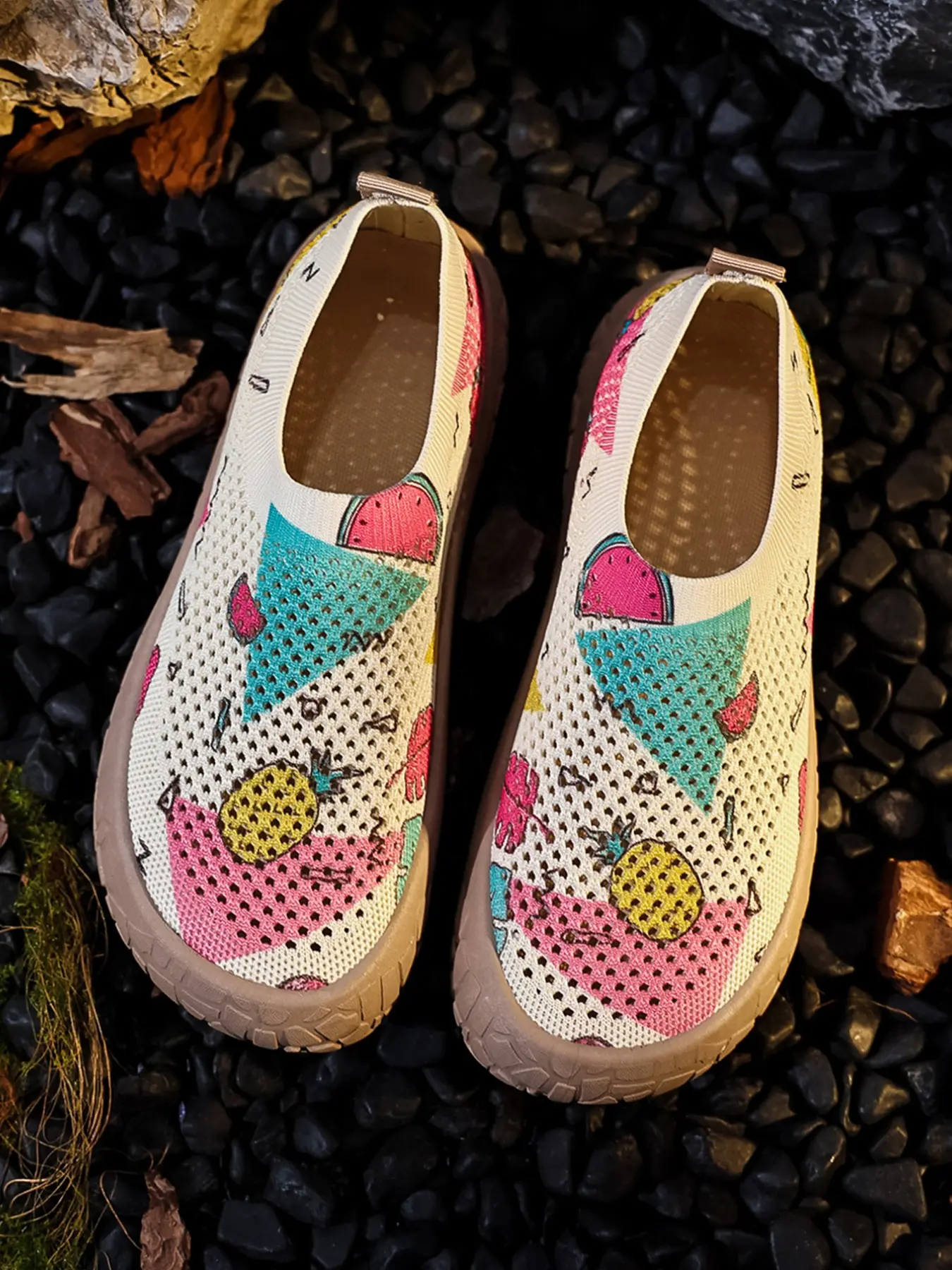 Women's Casual Slip-On Shoes, Watermelon Fruit Print, Breathable Mesh, Elastic Sock Design, Anti-Slip Thick Sole, All Seasons, Trendy Shoes