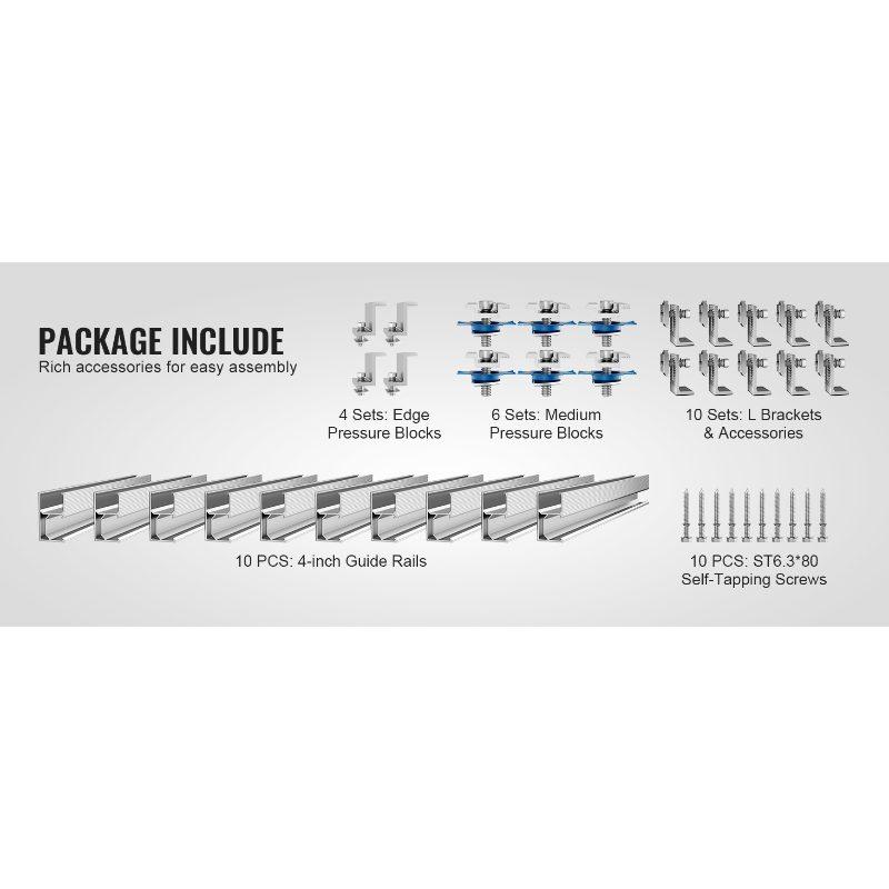 VEVOR Solar Panel Mounting Brackets, Solar Panel Mount Kit with 10x 4 Mini Rails, 4 End Clamps and 6 Mild Clamps, Solar Panel Mount Brackets for Metal Roof, Concrete Roof, Wood Roof, Tile Roof