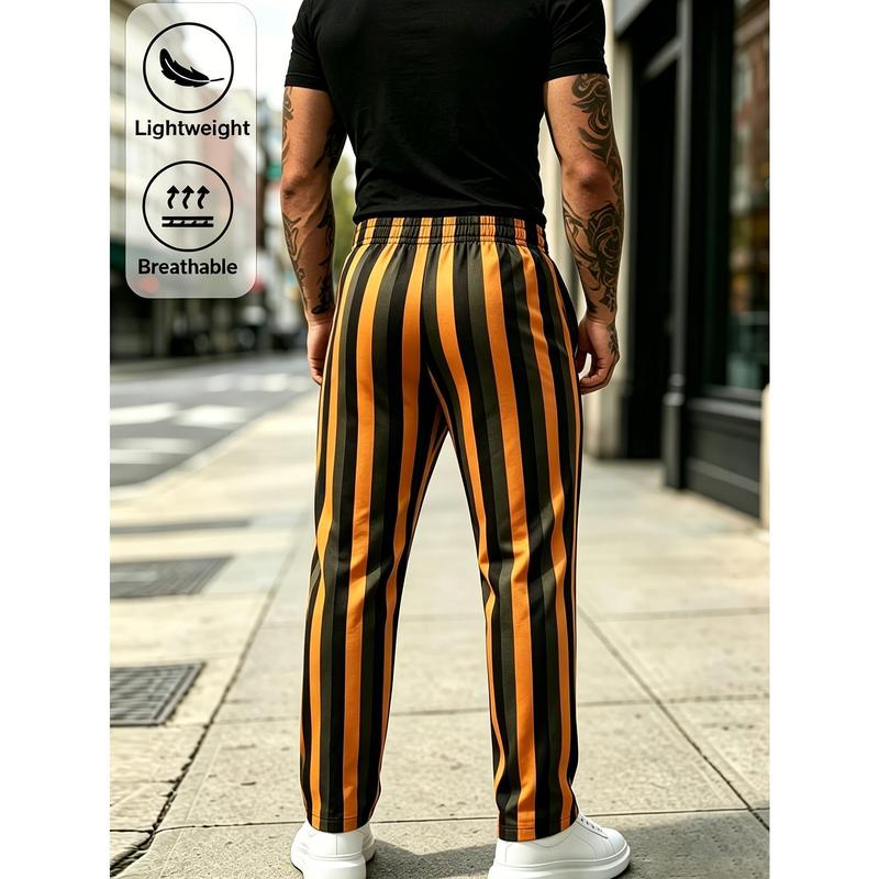 Men's Vertical Blue-Green-Black Striped Streetwear Joggers, Elastic Drawstring Waistband, Loose Wide-Leg, Unrestricted All-Day Wear Sports Pants