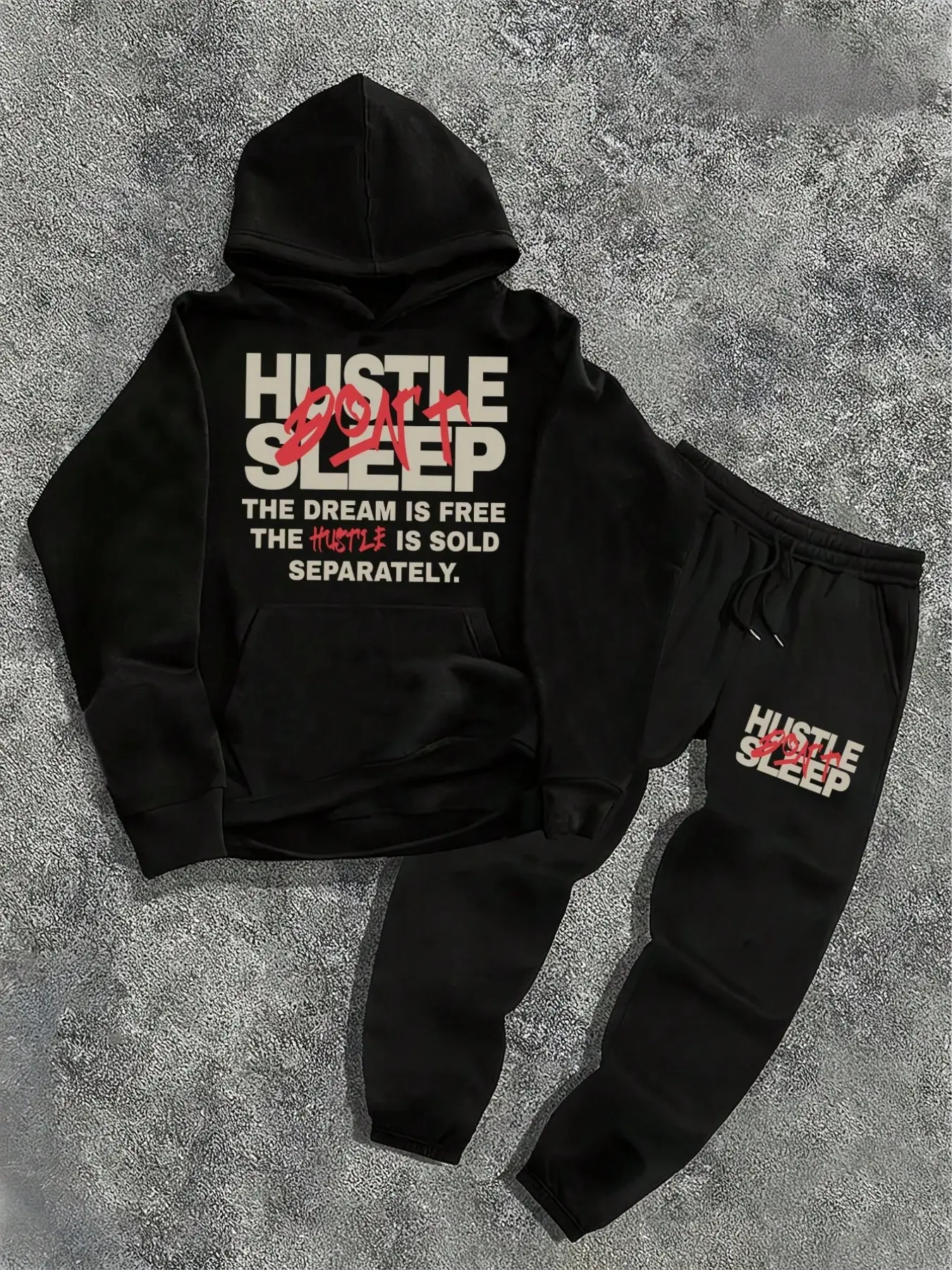 Men Unisex Black 2 Piece Oversized Fleece Tracksuit Set, Hustle Don't Sleep Bold Block Letter Graffiti Slogan Graphic Pullover Hoodie & Drawstring Jogger Sweatpants Matching Outfit, Kangaroo Pocket Ribbed Cuff Warm Soft Streetwear Loungewear Suit For 90s