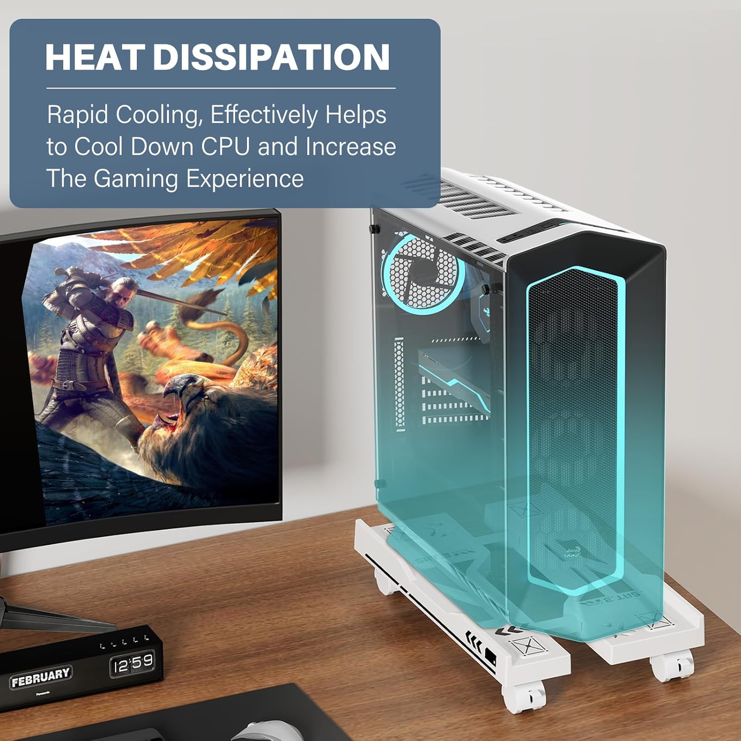 Adjustable Computer Tower Stand, Mobile PC Stand for Floor with 4 Locking Caster Wheels Fits  PC, Under Desk CPU Holder for Office, Gamers and Students (White)