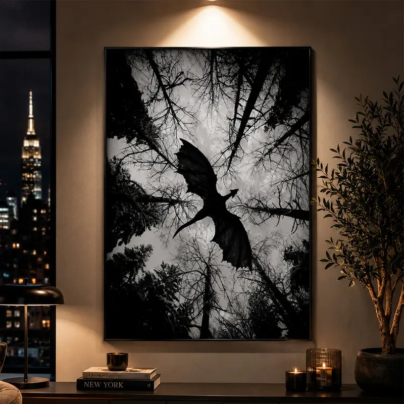 Fantasy Flying Dragon Artistic Wall Poster, Dark Forest Silhouette, Gothic Mystical Unframed Home Decor, Dragon Lover Gift