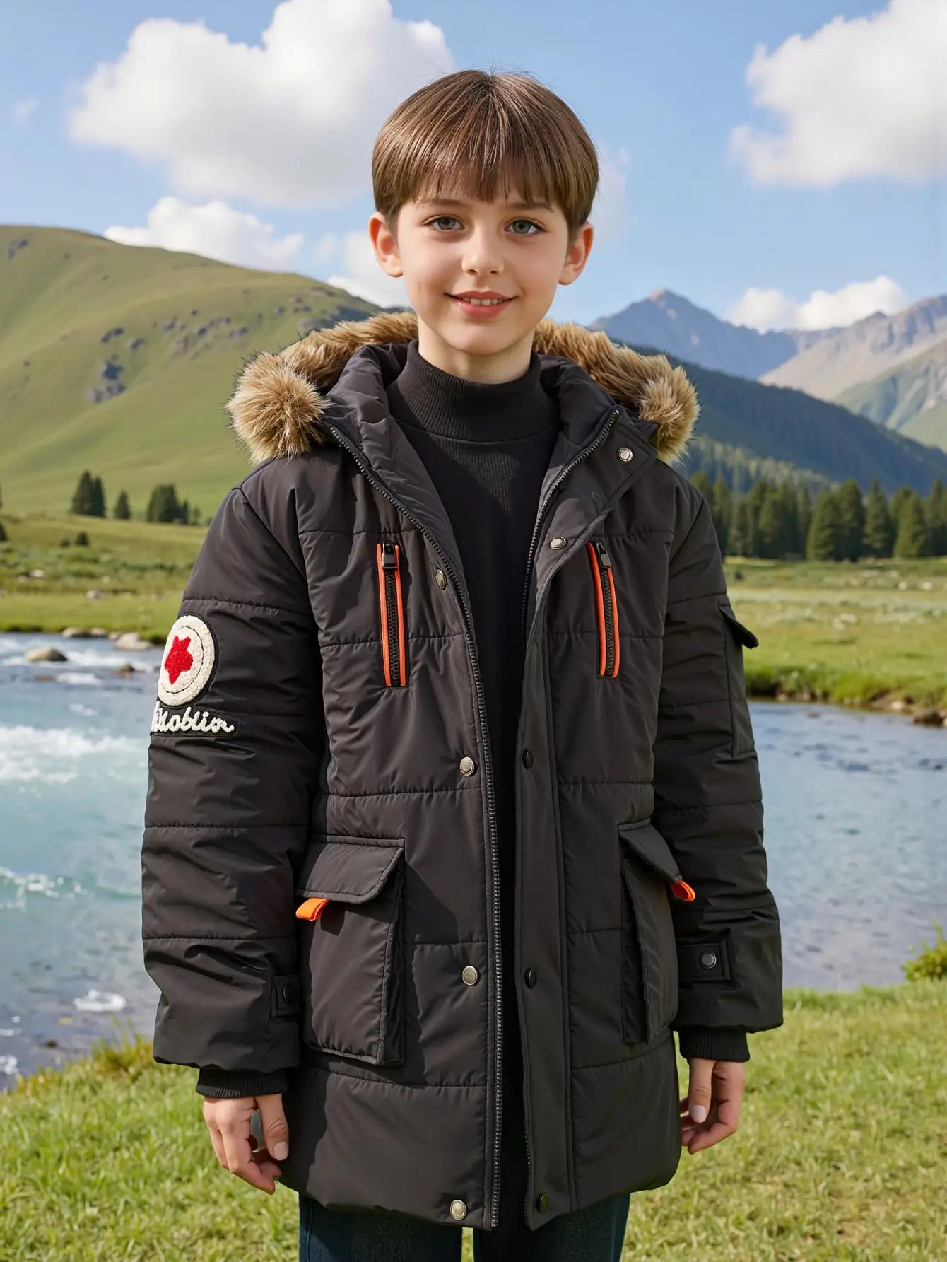 Boys' Winter Warm Hooded Jacket with Full-Zip Front, Elastic Cuffs & Pockets - Heavy-Duty Outerwear for Cold Weather, Casual Outdoor & Everyday Wear, Winter Jacket For Boys, Cold Weather Apparel, Stylish Winterwear, Durable Winterwear, Warm Coat