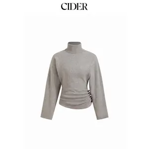 Cider Knit Turtleneck Long Sleeve Button Side Ruched Cinched Waist Top SummerFinds