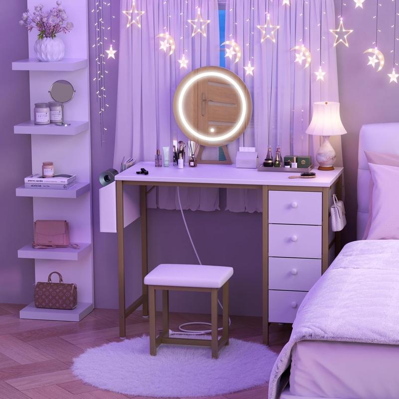Gold Vanity Desk with Mirror and Light- Makeup Vanity Set Table with Chair, Storage, Lighted Mirror, 4 Large Fabric Drawers & Power Outlet, Dressing Table Vanities for Girls Bedroom, Get Free Gift