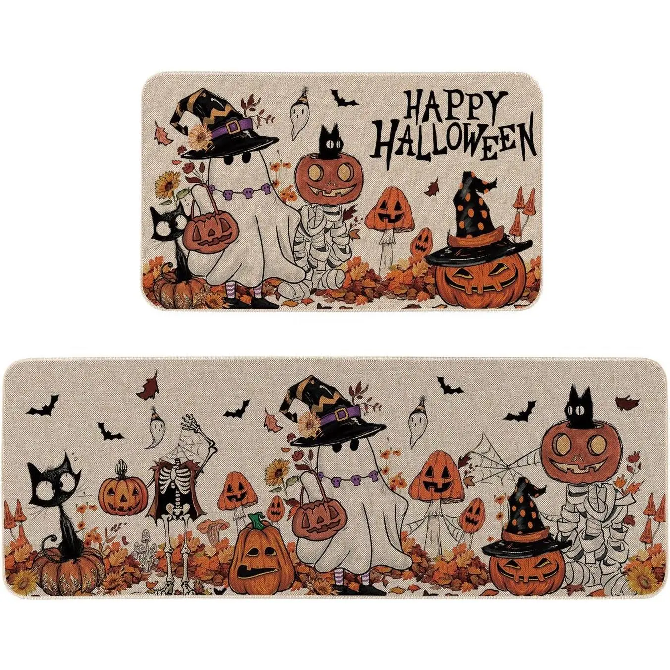 Halloween Themed Flannel + Rubber Kitchen Floor Mats 2-Piece Set - Anti-Slip Grip, Classic Retro Ghost Mushroom Pumpkin Skeleton Decor, Low-Profile Rugs (16x24 in & 17x47 in) for Holiday Parties