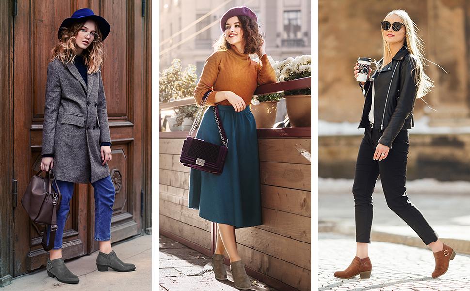 Women's Chunky Low Heel Ankle Boots Classic Pointed Toe Side Zipper Booties