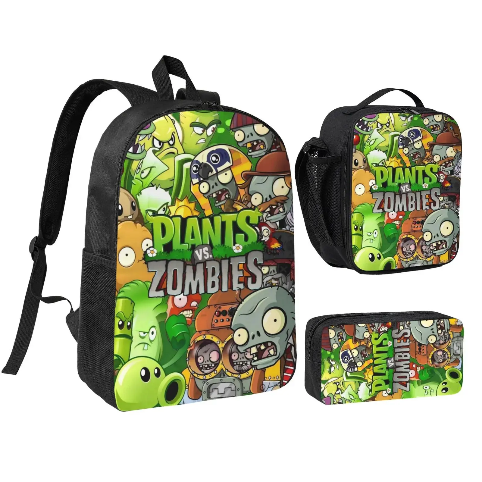 3 Piece High Capacity Bookbag Plants Vs Zombies Backpack Set Travel Knapsack with Lunch Box Pencil Case