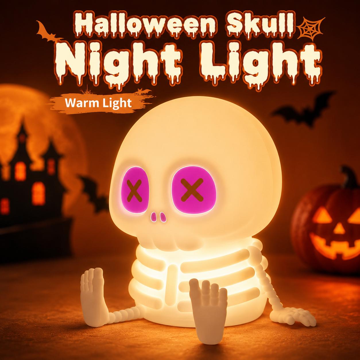 Skull Shape Halloween Silicone Night Light - Type-C Rech, Adjustable Warm Light, Touch Control LED Bedside Lamp, Indoor Use Kids' Rooms Decor, Festive Gift - MM2