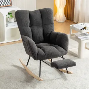 067-Teddy Fabric Leisure Rocking Chair With Adjustable Footstool,Nursery Rocking Chair, High Backrest, Storage Pocket On The Right Side,The Base Rocker Is Solid Wood And Metal,Dark Gray