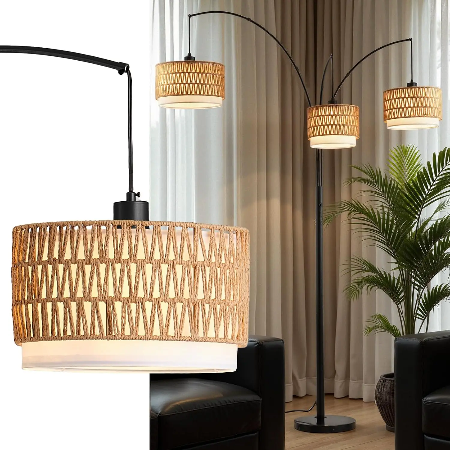 Rattan Floor Lamp for Living Room, 80 Inch Tall Boho Floor Lamp with Rotary , 3 Lights Arc Lamp with Wicker Shade for Coastal,Bohemian,Tree  Standing Lamp