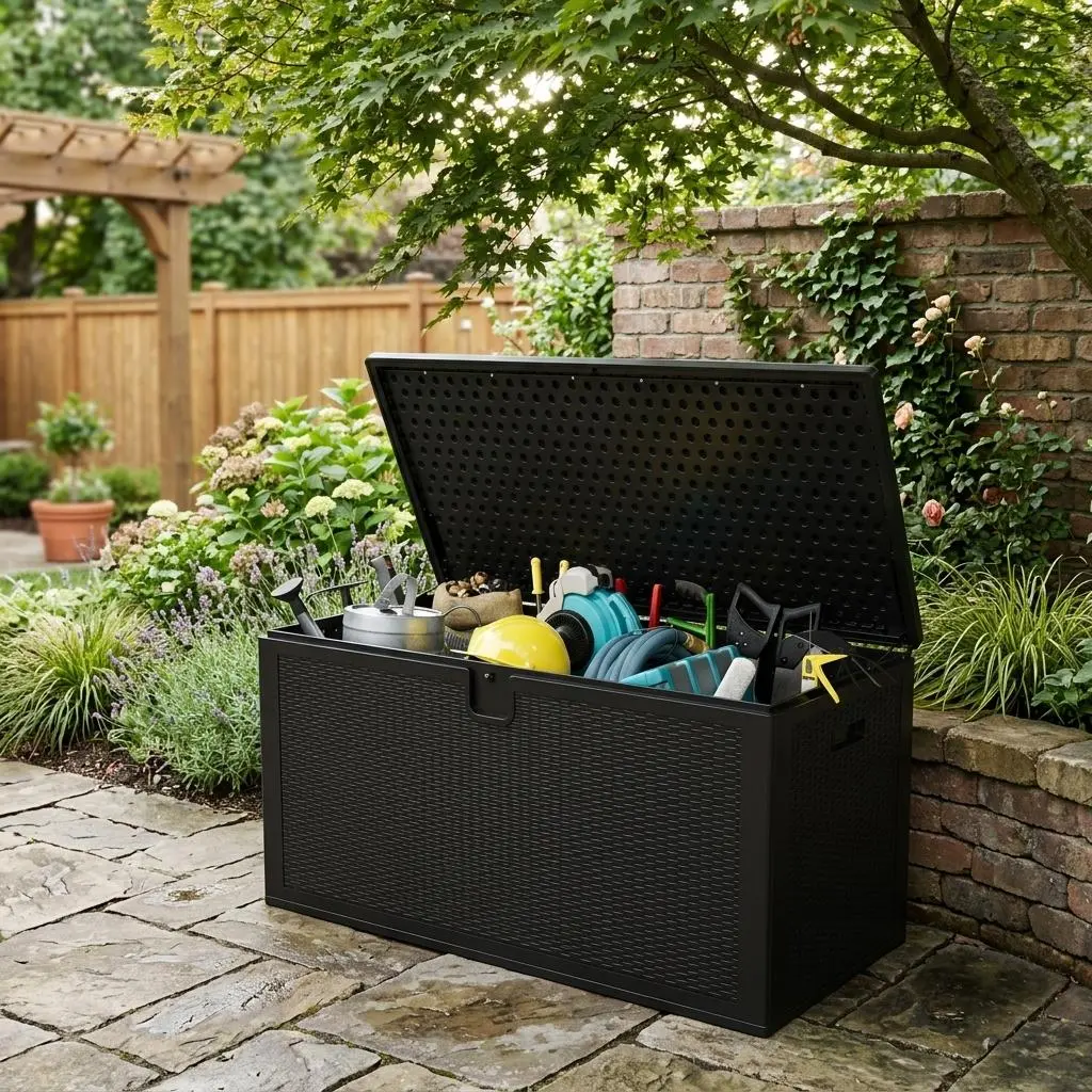 150 Gallon Resin Outdoor Deck Box｜Waterproof Weatherproof Lockable Lid Large Capacity｜Store Cushions Tools for Patio Garden Yard Pool