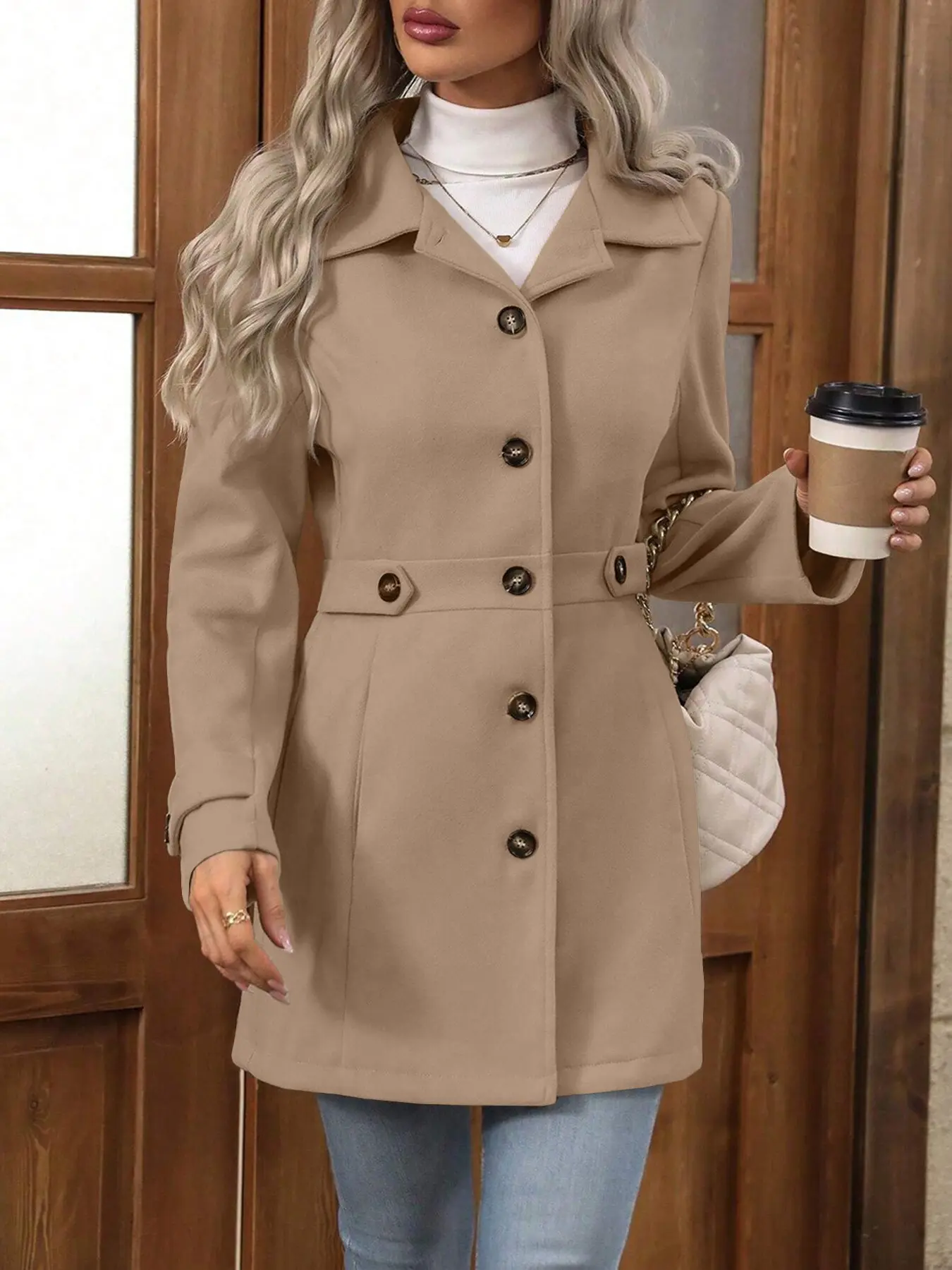 Women's Waist-Cinch Single Button Slim-Fit Overcoat, Fall & Winter Commute Essential