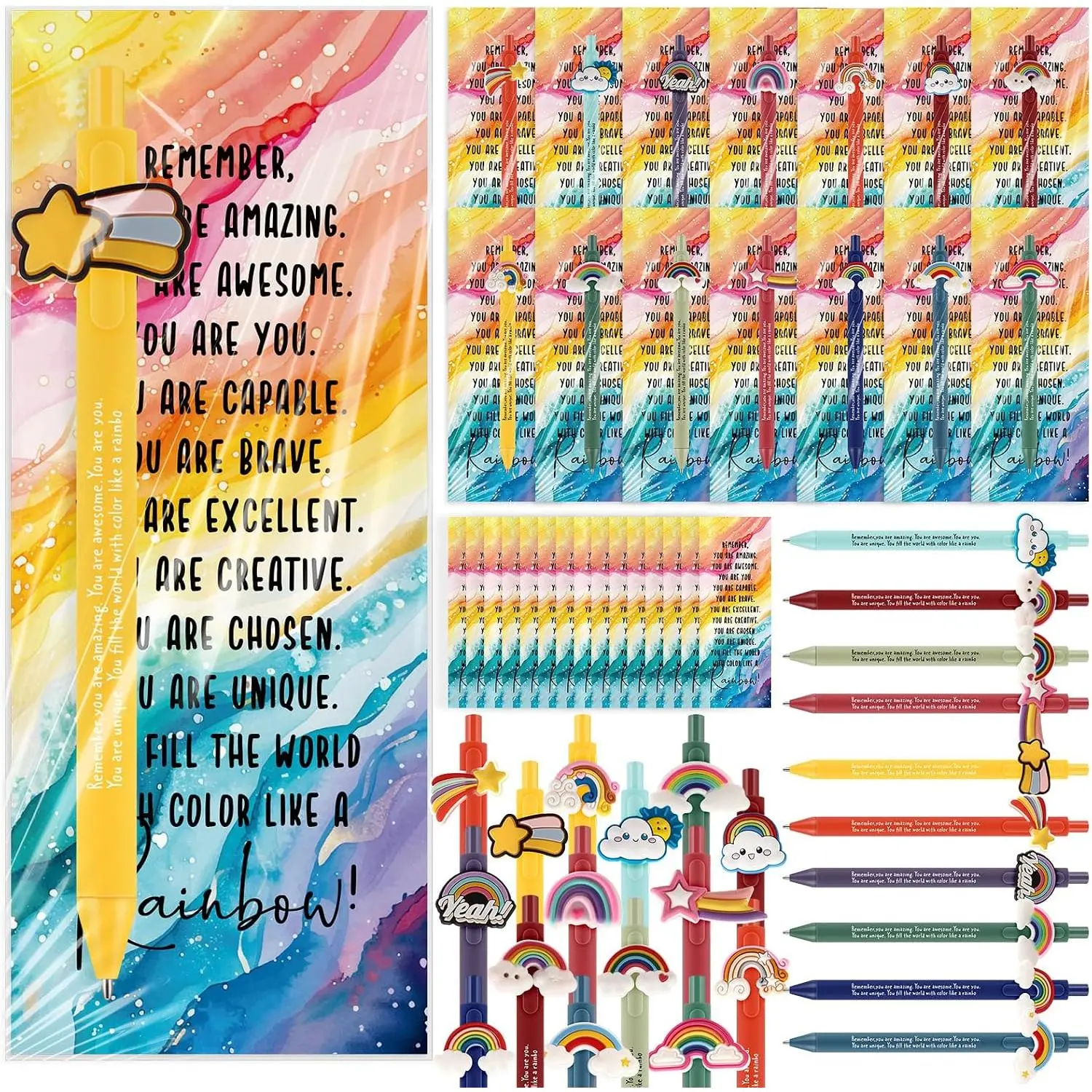 30 Set Rainbow Inspirational Pens Bookmarks Appreciation Gifts | Positive Messages for Teacher Employee Staff Nurse Coworkers, Multicolor Ballpoint Pens,  to School Thank You