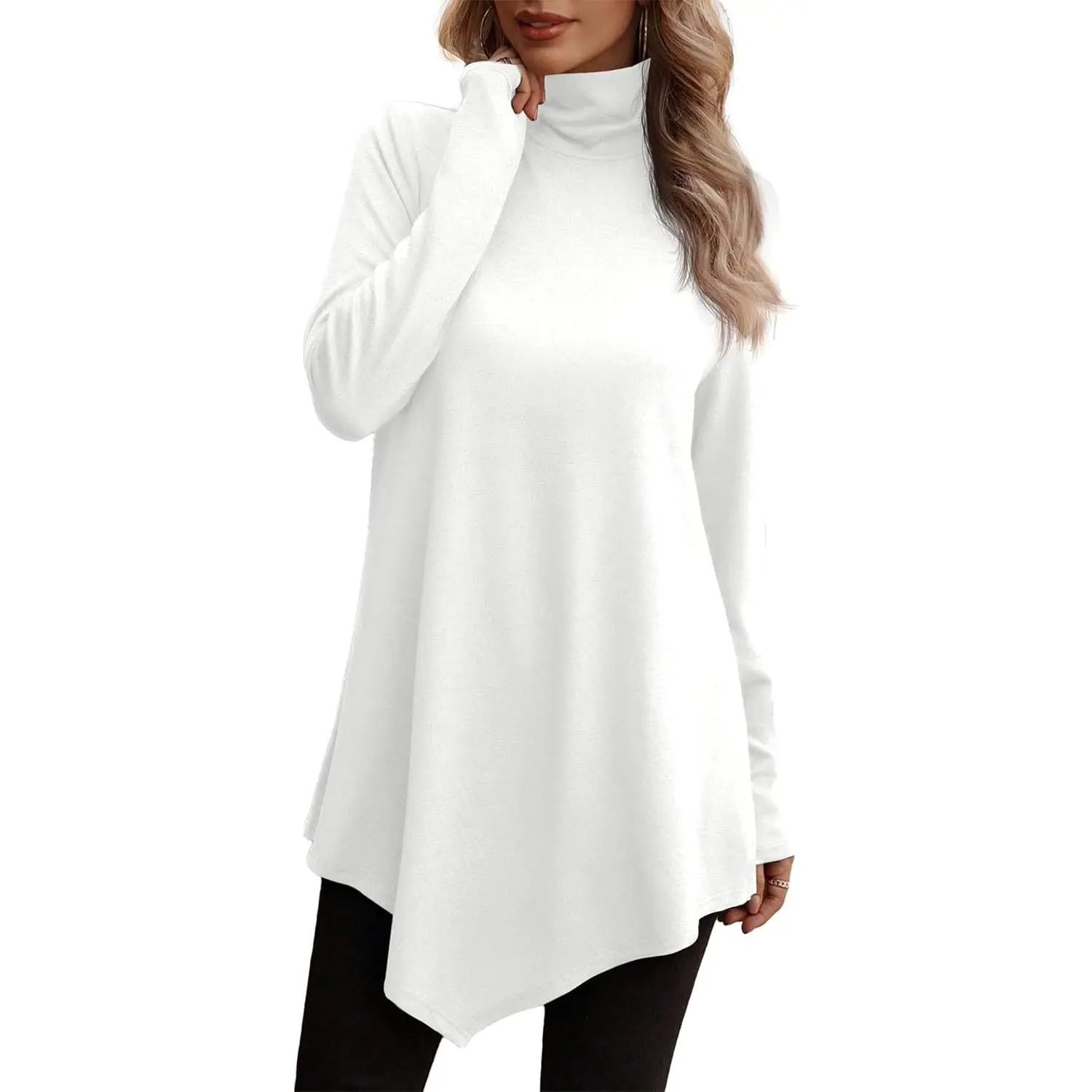 Women's Mock Neck Tunic Top, Solid Long Sleeve Sweatshirt, Dressy Casual Fall Essential Shirt to Wear with Leggings, Skinny, Fit, Sweatshirts, Chic, Coats, Style, Blouses, Breathable, Turtleneck, Fabric, High Neck, Polyester Blend, Long Tunic, Machine Was