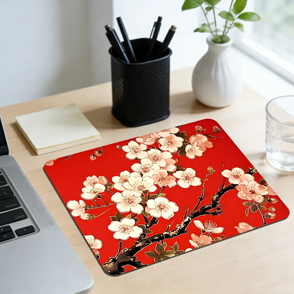 New Mouse Pad,Featuring White Cherry Blossom Branches on a Red Background with Blooming Flowers. This Traditional Japanese Floral Illustration Style Mouse Pad