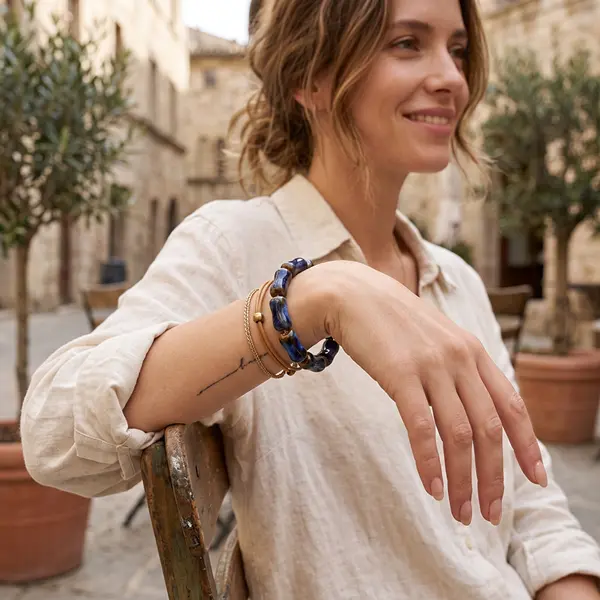 Handmade Irregular Curved Barrel High-Temperature Kiln Glaze Ceramic Stretch Bracelet, Marbled Deep Blue Unique Bead Wrist Jewelry Minimalist Boho Stackable Bracelet for Women Daily Wear lucky gift