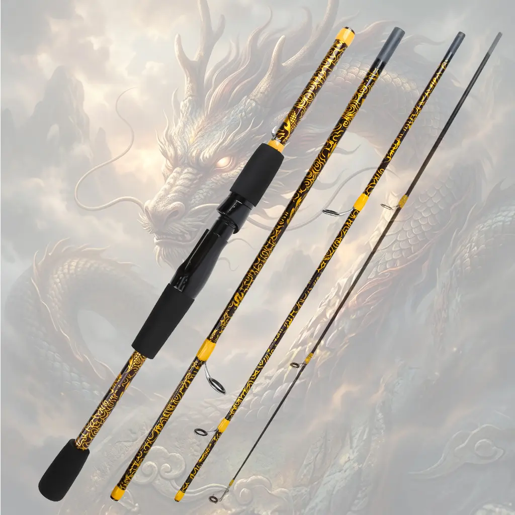 5.9 ft Lure Fishing Rod – 2-Piece Travel Spinning Rod with Black & Yellow Dragon Pattern, Portable Freshwater Rod for Bass & Carp