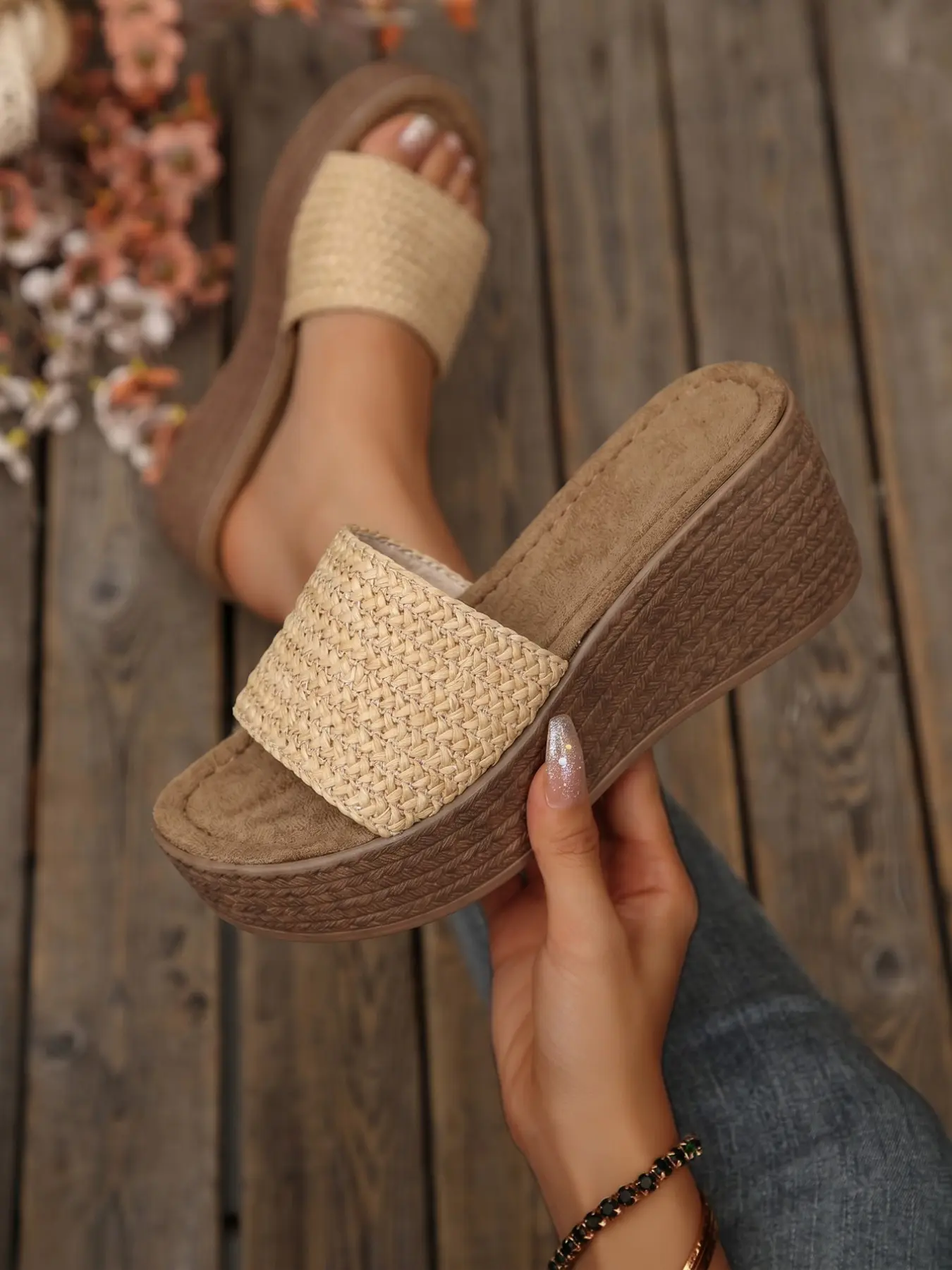 Women's Light Apricot Raffia Weave Braided Heel Sandals, Fashionable Comfy Sandals, Deep Grass Texture Wedge Heel, Thick Sole, Velvet Lining, Summer Beach Shoes