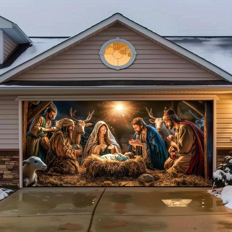1 religious character nativity scene garage door banner Large polyester tapestry with Mary and Joseph outdoor holiday decoration, perfect for holiday and party atmosphere poinsettia artificial