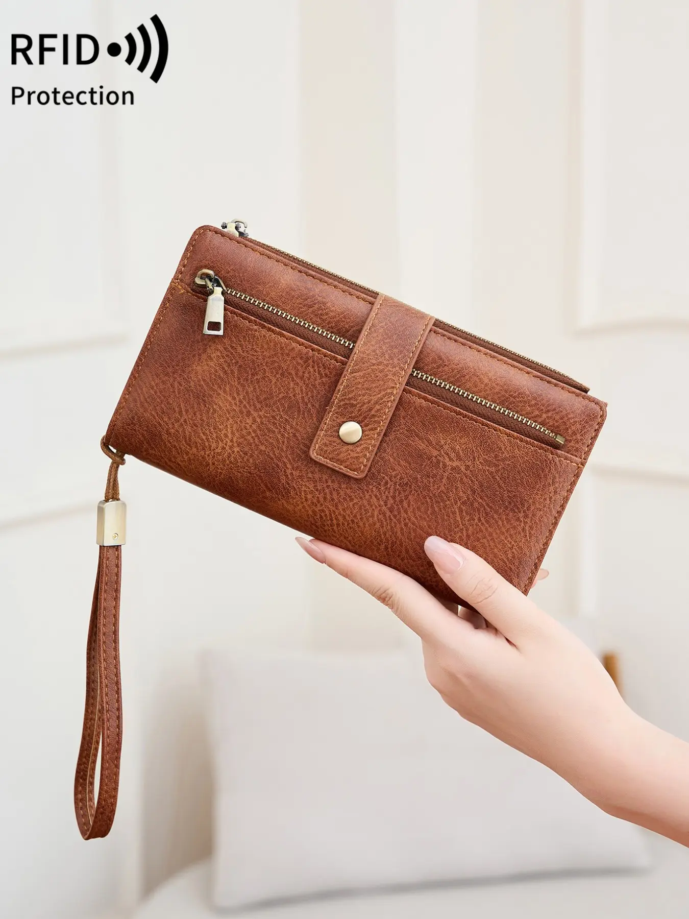 Ladies' RFID anti-theft handbag, wrist strap handbag, long wallet, large capacity PU material, multifunctional design, secure snap zipper closure, suitable for daily use and travel