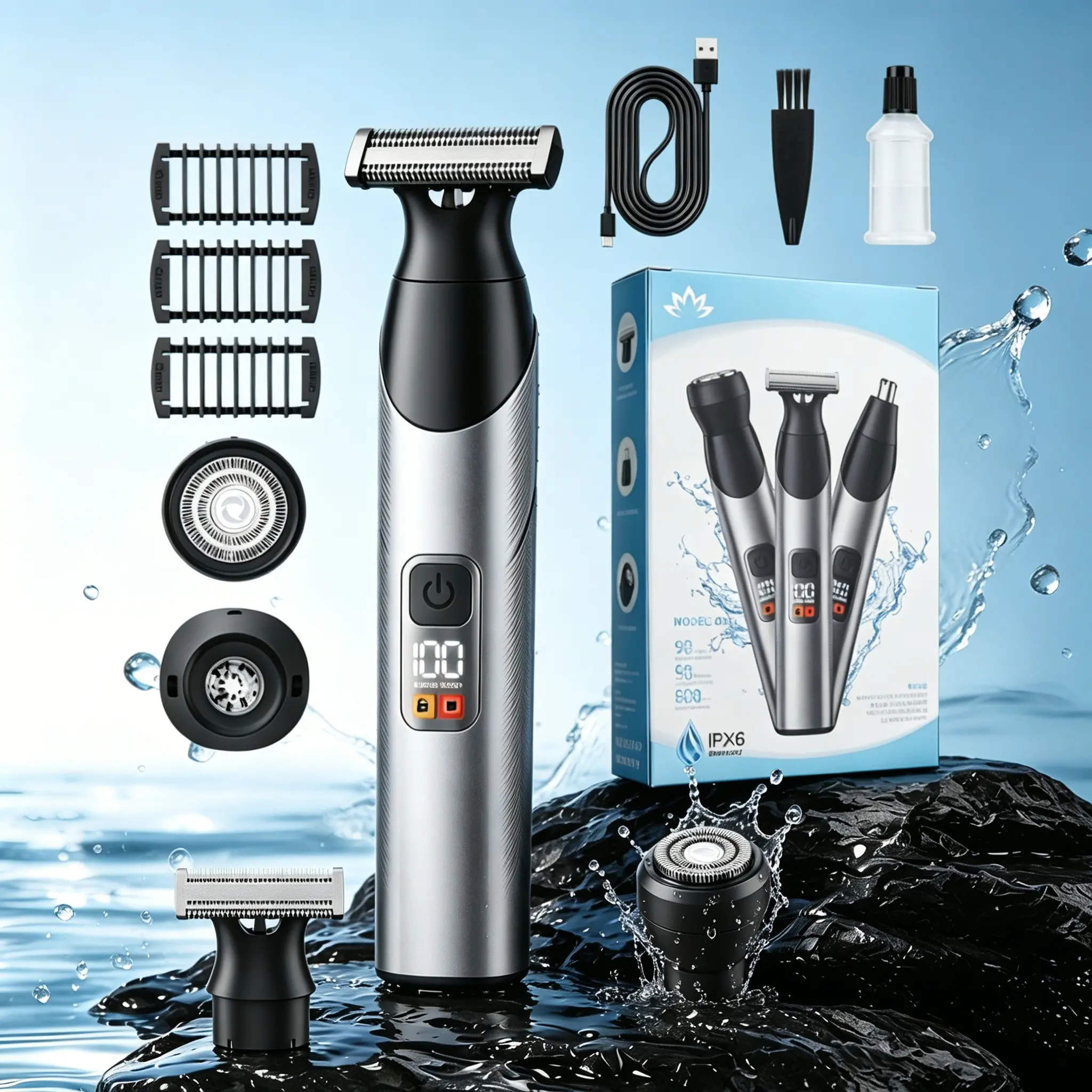 Men's Electric Shaving Kit, Three-In-One Magnetic Grooming Set, USB Rechargeable Waterproof Trimmer, for Beard, Nose Hair, Body Hair, Magnetic Head Shaver, Trimmer And Shaver