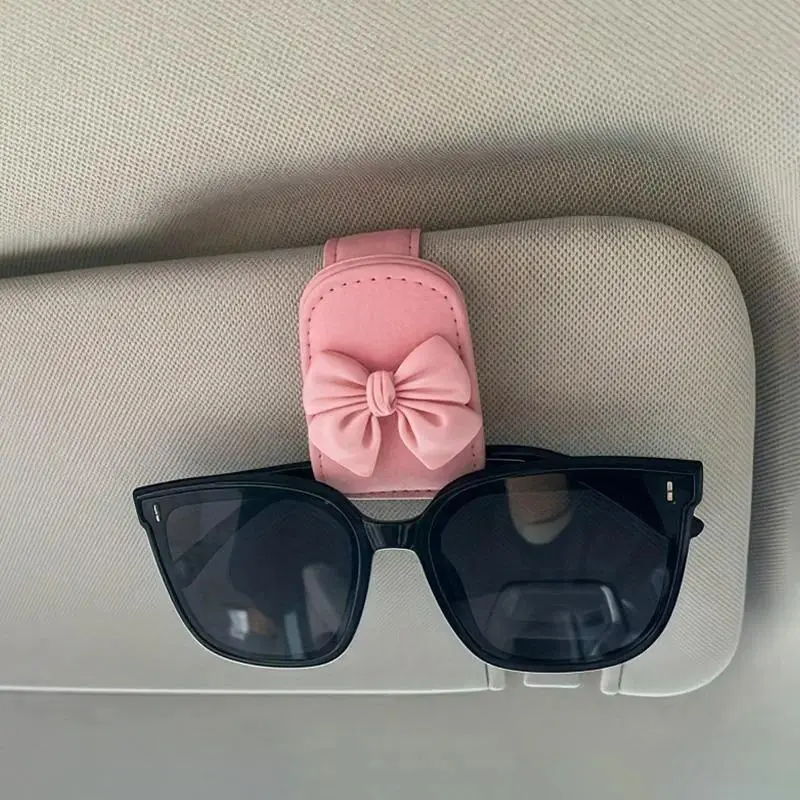 Bow Leather Sunglasses Holder for Car Sun Visor, Cute Magnetic Glasses Clip with Ticket Holder, Car Accessories for Women, Accessories For Car
