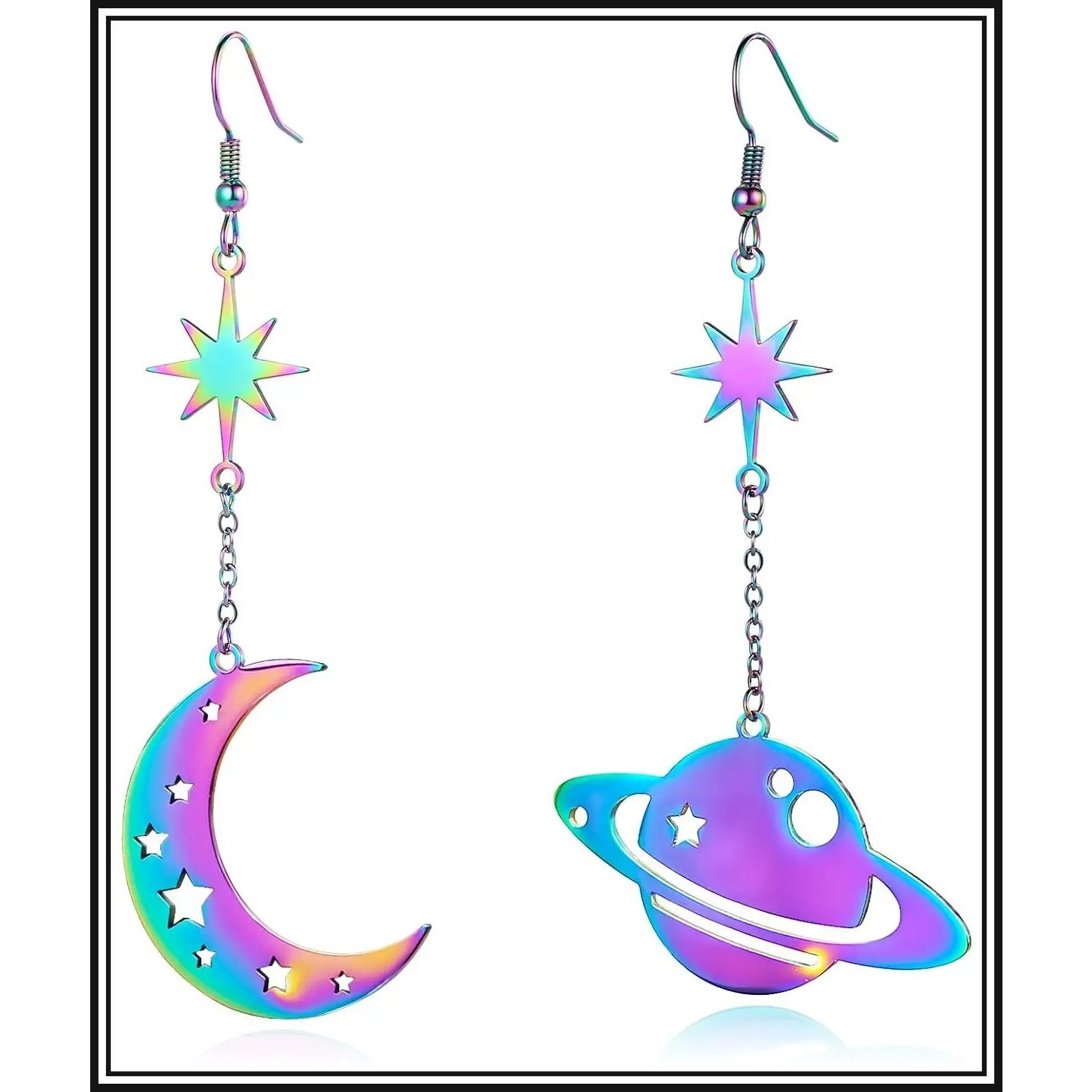 Celestial Space Dangle Earrings for Women Asymmetrical Moon Star Saturn Crescent Planet Drop Statement Jewelry