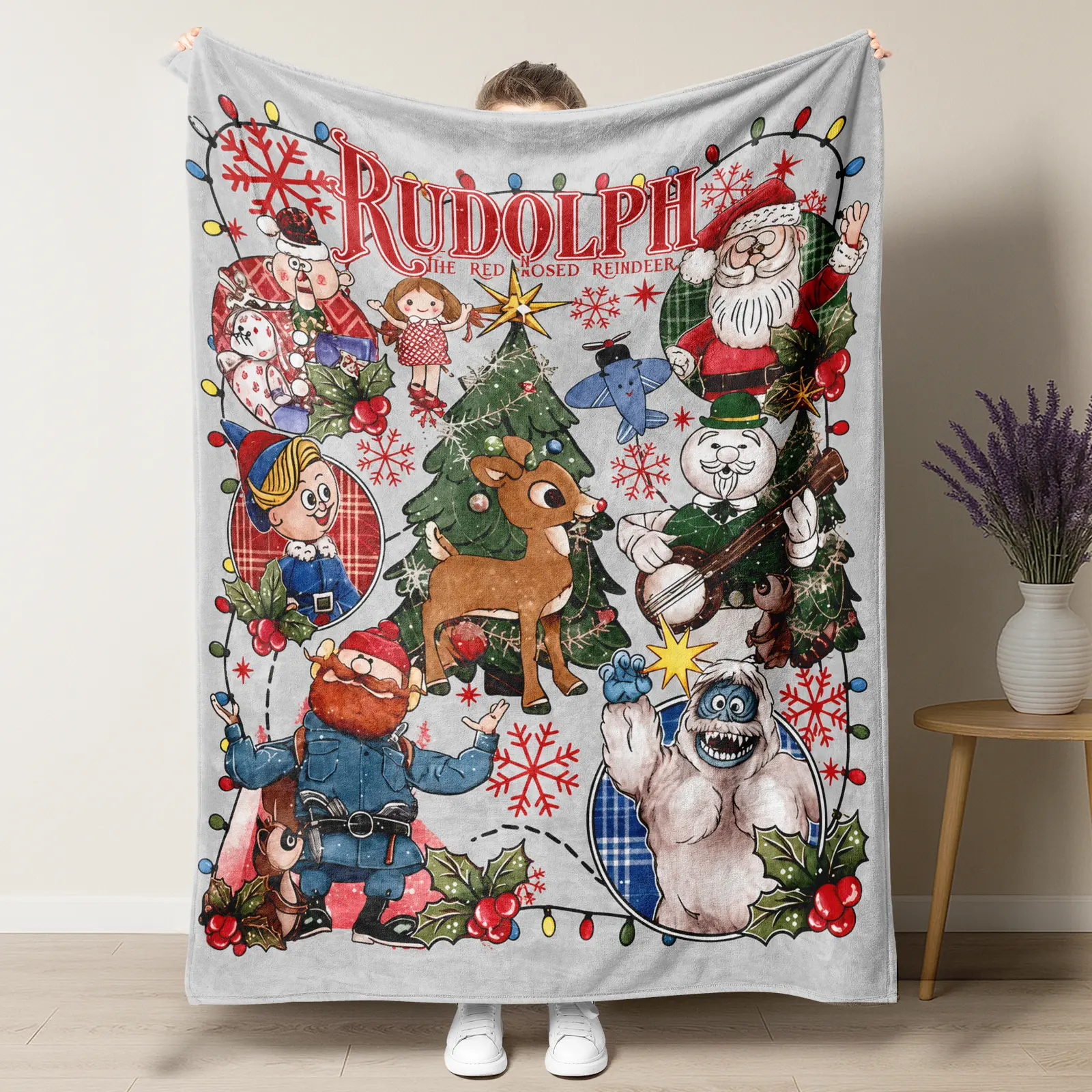Rudolph The Red Nosed Reindeer Vintage Christmas Throw Blanket, Classic Holiday Cartoon Characters Flannel Blanket, Xmas Home Decor Cozy Blanket for Sofa Bedroom