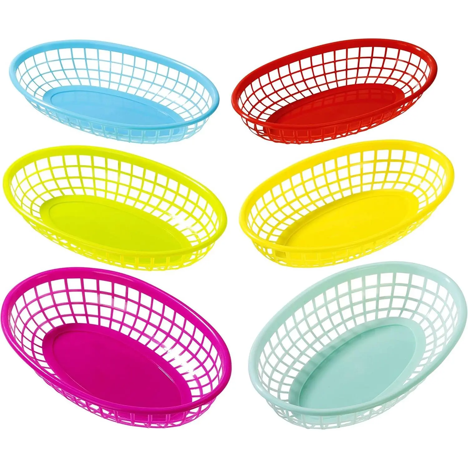 6-Pack Reusable Plastic Bright Hues Food Storage Containers - Home Organizer Baskets for Hotdogs, Burgers, Fries, Sweets, Crisps | BBQ Events, Movie Nights, Six-Pack