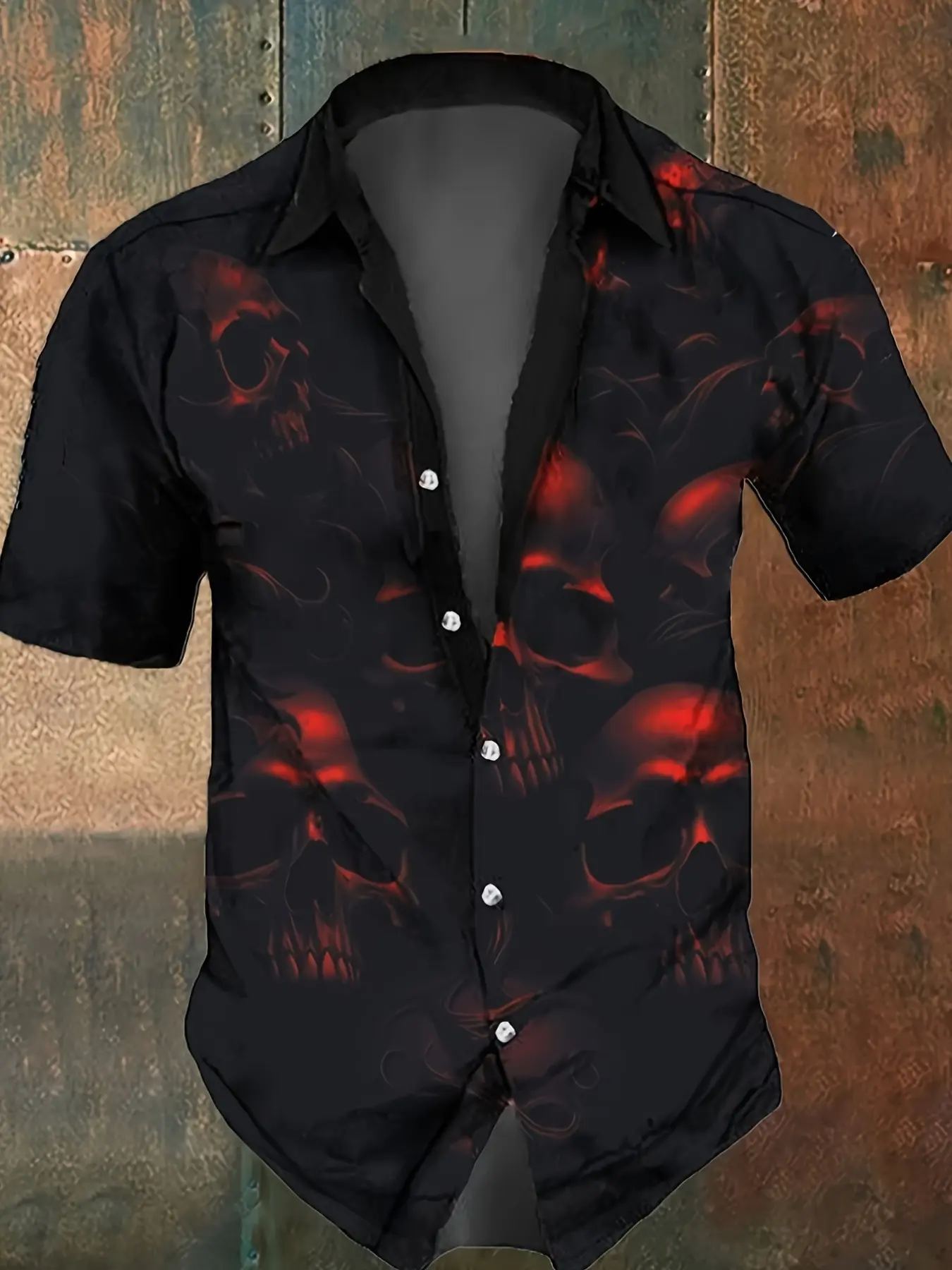 Men Halloween Party Dark Short Sleeve Button Up Shirt Red Flame Skull All Over Print Loose Street Casual Blouse
