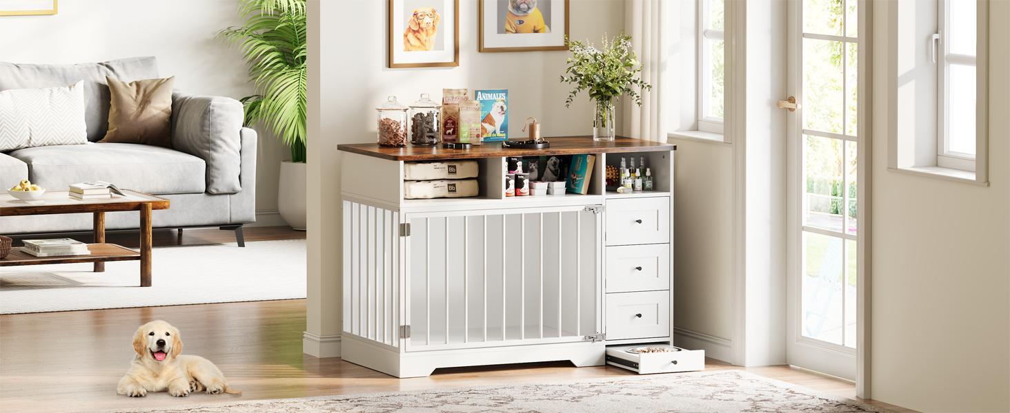 48'' dog crate furniture, heavy duty medium dog crate with bowl & storage drawers, crates for dogs indoor end table for small medium, retro brown