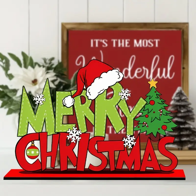 Christmas Wooden Desktop Decor, Santa Hat, Christmas Tree, Snowflake, Festive Centerpiece, Fireplace Shelf, Kitchen, Holiday Party Decoration
