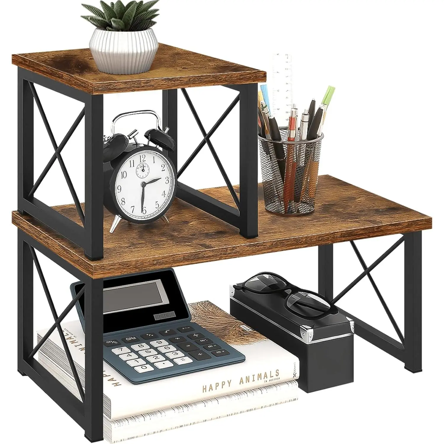 Desktop Shelf, 2 Tier Adjustable Small Bookshelf Organizer | Freestanding Stackable Desk Stand, Storage Organizers, Kitchen Counter Display Rack, Rustic Brown